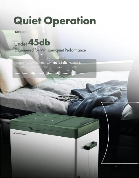 Quiet operation of Hella Spacious 47 Qt Portable Car Refrigerator With Tough 12 Volt Cooling in a cozy vehicle setting.