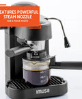 Straight Up Home Barista Vibes With This Compact 4 Cup Electric Espresso And Cappuccino Maker Featuring A Durable Milk Frothing Pitcher For Quick Daily Grind Sessions. Compact espresso machine in black with powerful steam nozzle brewing a shot.