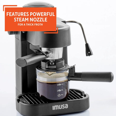 Straight Up Home Barista Vibes With This Compact 4 Cup Electric Espresso And Cappuccino Maker Featuring A Durable Milk Frothing Pitcher For Quick Daily Grind Sessions. Compact espresso machine in black with powerful steam nozzle brewing a shot.