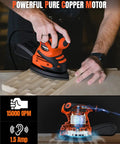 Straight Shooting Electric Detail Sander With Heavy Duty Dust Extraction and Ergonomic Palm Grip shown in action on wood surface.