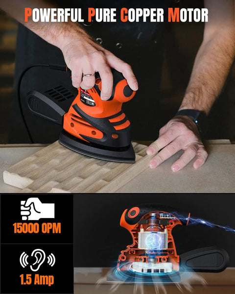 Straight Shooting Electric Detail Sander With Heavy Duty Dust Extraction and Ergonomic Palm Grip shown in action on wood surface.