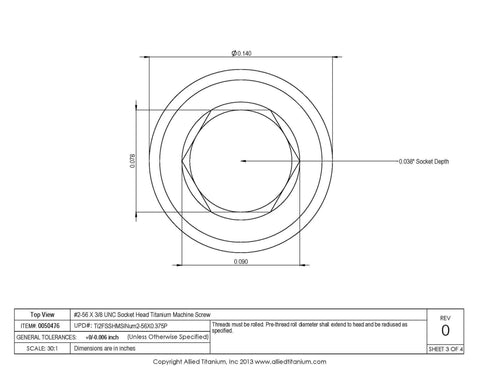 Technical drawing of Pack Of 25 Titanium Socket Head Cap Screws 2-56 By 3/8 Inch Grade 2 CP True Titanium with dimensions and specifications.