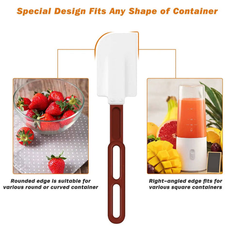 High Temp Silicone Spatulas Set Of 2 10 Inch Heat Resistant Nonstick Spatula Scrapers With Nylon Handles NSF Certified Kitchen Must Haves For Cooking And Baking shown with kitchen appliances and strawberries.