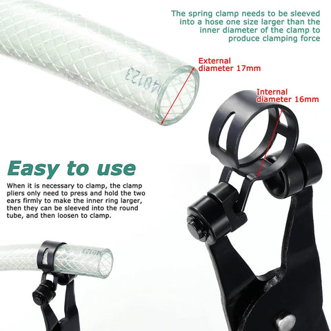 Automotive hose clamp pliers with black tool and translucent silicone hose; 17mm external and 16mm internal diameters