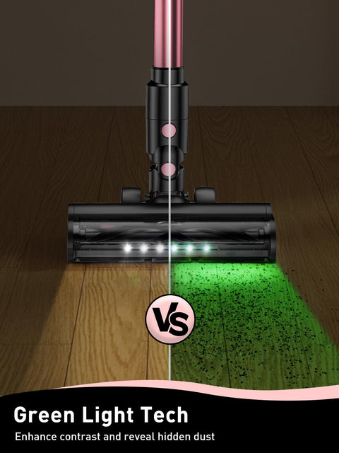 Cordless Vacuum Cleaner 8 In 1 With Beastly 45KPa Suction on wood floor with Green Light Tech showing dust contrast