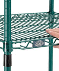 Close-up of adjustable green shelf on Slick Rolling Heavy Duty Two Shelf Utility Cart In Poly Green for easy organization.