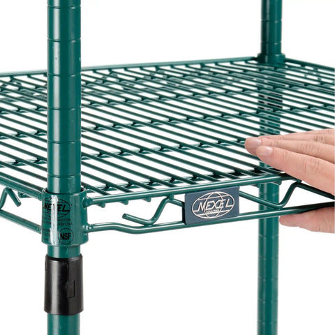 Close-up of adjustable green shelf on Slick Rolling Heavy Duty Two Shelf Utility Cart In Poly Green for easy organization.