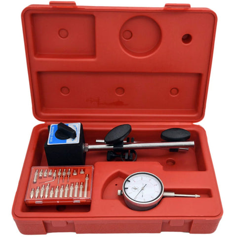 Dial indicator with magnetic base inspection kit in red case; includes long arm, dial gauge, and tip set.