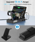 All In One 15 In 1 Wireless Charging Station With 600W Power Fast Charge Dock for multiple devices, shown on a desk.
