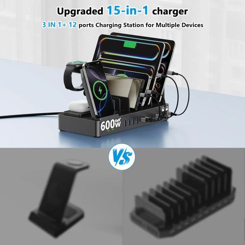 All In One 15 In 1 Wireless Charging Station With 600W Power Fast Charge Dock for multiple devices, shown on a desk.