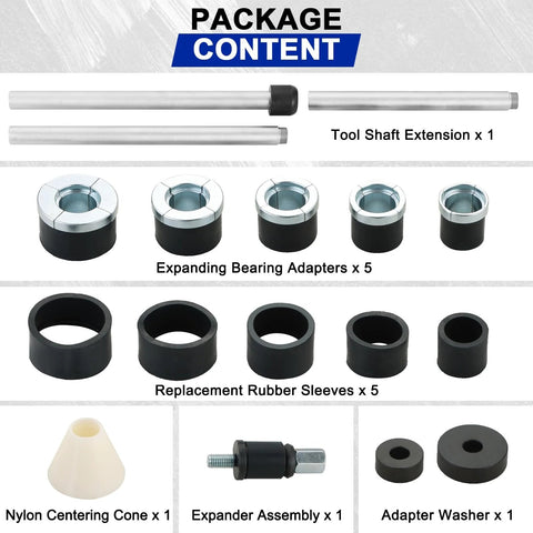 Universal Cam Bearing Tool Kit, 16-Piece Set parts display including adapters, tool shaft, sleeves, centering cone, and expander.