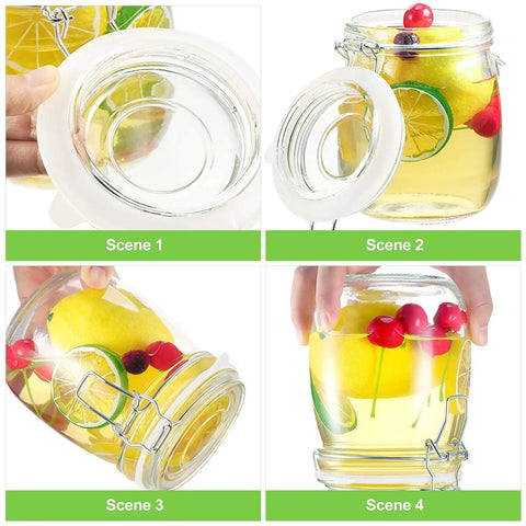 Eight Pack Silicone Canning Jar Seals With Airtight Reusable Gaskets Crafted For Standard Mouth Mason Lids in use with fruits.