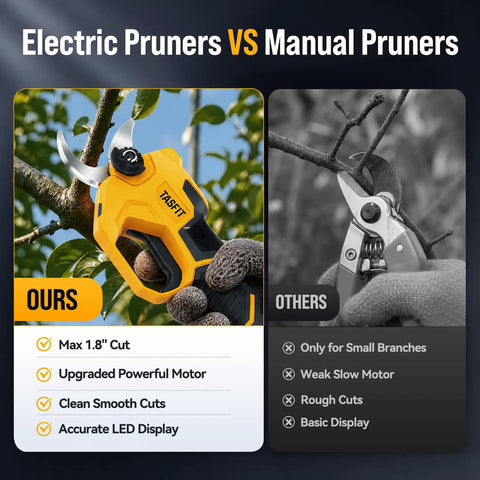 Electric Pruning Shears Punch Through Tough Stems With Zero Sweat Using Rock Solid 1.8 Inch Cut Capacity Cordless Plant Clippers For Stress Free Yard Work Garden Gear comparison with manual pruners.
