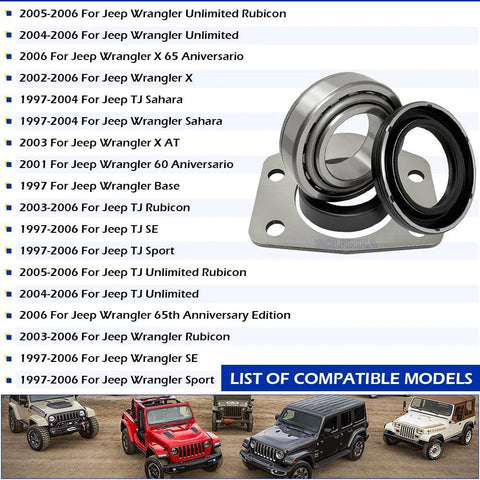 Beefed-Up Axle Bearing And Seal Kit With Drum Brake Setup For Jeep Wagoneer CJ TJ XJ J10 Dana 44 Rear 1997-2006 shown with compatible models list