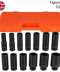 Top Notch 13-Piece Extended Pneumatic Impact Socket Set Crated With Premium Chrome Vanadium Steel Deep Sockets Covering 13mm To 32mm For Heavy Duty Auto Repair And Mechanic Grinds, 13pcs/set case