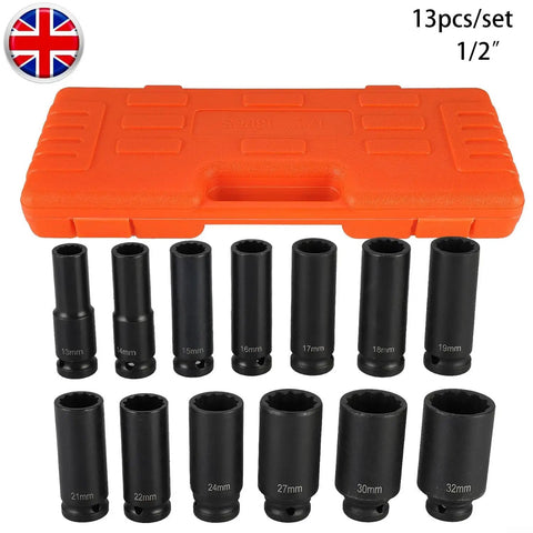Top Notch 13-Piece Extended Pneumatic Impact Socket Set Crated With Premium Chrome Vanadium Steel Deep Sockets Covering 13mm To 32mm For Heavy Duty Auto Repair And Mechanic Grinds, 13pcs/set case