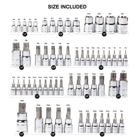 Torx Bit Socket Set 60-Piece With External Torx Sockets And S2 Steel Bits CR-V Construction E4 To E24 T6 To T70 TT6 To TT70 And TP8 To TP60