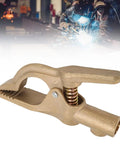 Heavy Duty Brass Shaped Welding Ground Clamp 300 Amp For Shipyard Auto Jobs With Super Grip Earth Cable Clip showing brass construction and clamp details.