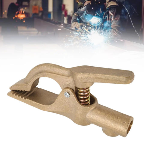 Heavy Duty Brass Shaped Welding Ground Clamp 300 Amp For Shipyard Auto Jobs With Super Grip Earth Cable Clip showing brass construction and clamp details.