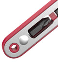 Close-up of a Must Have Compact Magnetic One Quarter Inch Mini Ratchet Wrench with 90 Degree Right Angle Screwdriver, showing tool bit and magnetic holder.