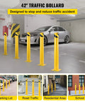 Rock Solid Steel Safety Bollard 42 Inch Tall 4.5 Inch Diameter Yellow Powder Coat Impact Resistant Traffic Guard with Anchor Bolts in parking lot