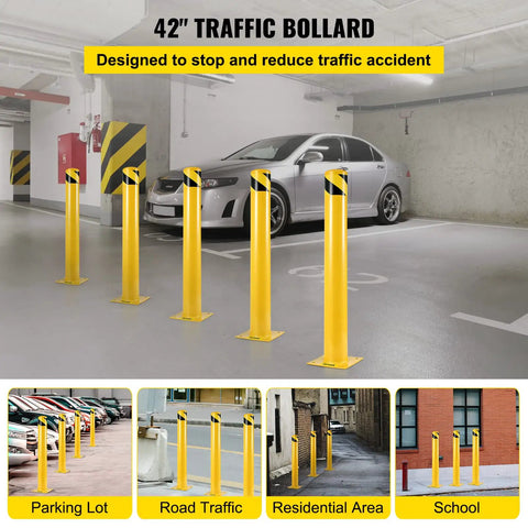 Rock Solid Steel Safety Bollard 42 Inch Tall 4.5 Inch Diameter Yellow Powder Coat Impact Resistant Traffic Guard with Anchor Bolts in parking lot