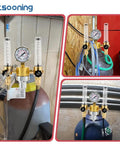 Front view of Mtsooning dual-output argon regulator with gauge and twin flow meters on a gas cylinder.