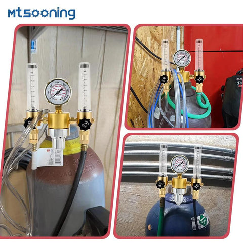 Front view of Mtsooning dual-output argon regulator with gauge and twin flow meters on a gas cylinder.