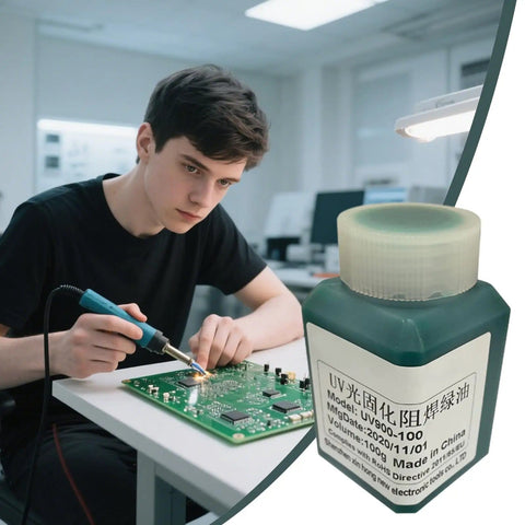 Person soldering with circuit board and Solder Mask Ink For Circuit Boards Green Epoxy, UV Curing Solder Protection Paste And PCB.