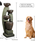 40 Inch Tall Outdoor Water Fountain With 4 Tier Crocks And LED Lights, Premium Resin And Fiberglass Construction next to dog