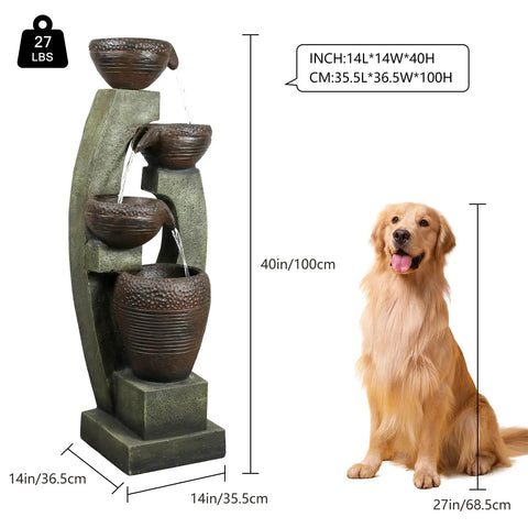 40 Inch Tall Outdoor Water Fountain With 4 Tier Crocks And LED Lights, Premium Resin And Fiberglass Construction next to dog