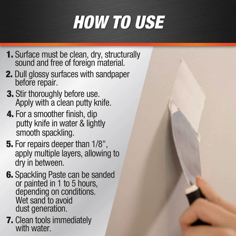 Guide on applying Ready To Use Spackling Paste White 8 Oz for patching cracks and nail holes in plaster and wood surfaces.