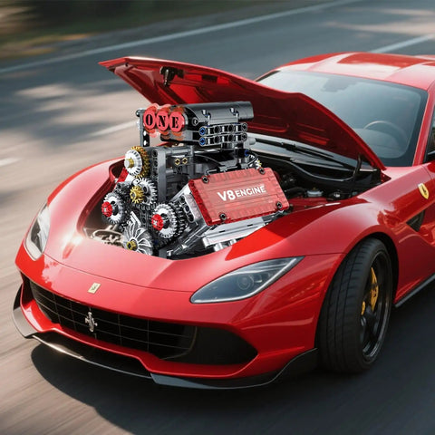 Mini V8 Engine Kit That Runs Real Pistons And Moving Crankshaft 478 Piece STEM Engineering Model shown in car engine bay