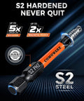 Close-up of S2 PH2 Phillips Impact Screwdriver Drill Bit highlighting S2 steel durability, anti-slip CNC tip, and magnetic power benefits.