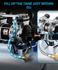 Close-up of Quiet 68dB 5 Gallon Oil-Free Air Compressor For Woodworking And Garage Use With 11 Accessories, connection detail