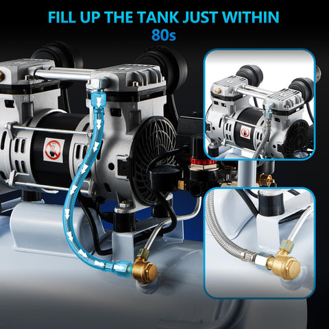 Close-up of Quiet 68dB 5 Gallon Oil-Free Air Compressor For Woodworking And Garage Use With 11 Accessories, connection detail