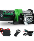 Side view of STEGODON 2500 lb ATV/UTV electric winch with steel cable; includes control box and two remotes