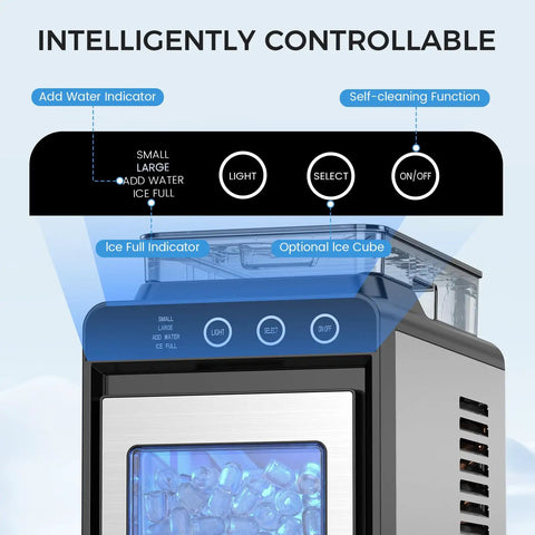 Control panel of Countertop Portable Ice Maker With External Water Tank, Cranks Out 26 Lbs In 24 Hours, 8 Ice Cubes In Just 6 Minutes