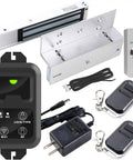 2.4GHz WiFi Remote Access Control System With 600Lb Magnetic Door Lock Kit showing components and smartphone control accessories