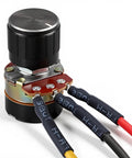 Close-up of Two Pack 10K Ohm Linear Taper Rotary Potentiometers Dimmer Switches with metal knobs and connectors