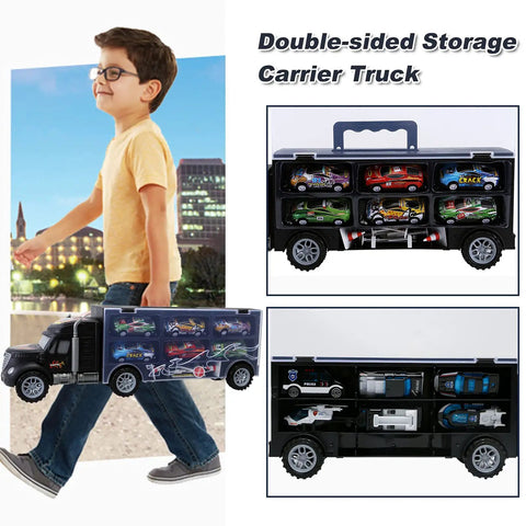 Child carrying Big Transport Car Carrier Set With 12 Die Cast Vehicles And 8 Traffic Signs For Kids Ages 3 To 7