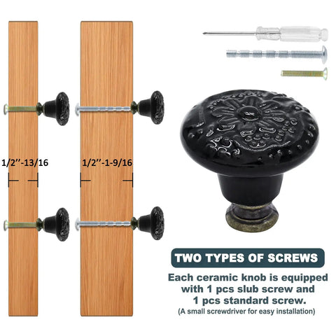 12 Pack Black Ceramic Kitchen Cabinet Knobs Set With 34mm Diameter And 30mm Height Includes Two Screw Sizes And Mini Screwdriver For Easy Install Sleek Durable Pull Handles For Cabinets And Drawers, black floral knob