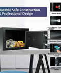Home Money Safe Box With Sensor Light And Fireproof Bag open on table, showing cash inside, with digital keypad and lock