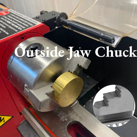 Heavy Duty 3 Piece Outside Lathe Chuck Set Featuring Self Centering Mini External Jaws on lathe with brass stock in jaws.