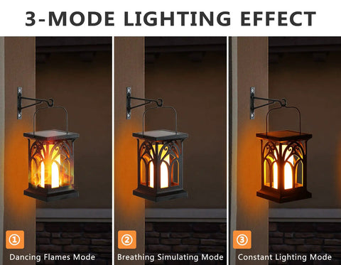 Outdoor Flickering Flame Solar Lanterns 2 Pack No Fuss Waterproof Wall Sconce Lights With 3 Lighting Modes For Patio