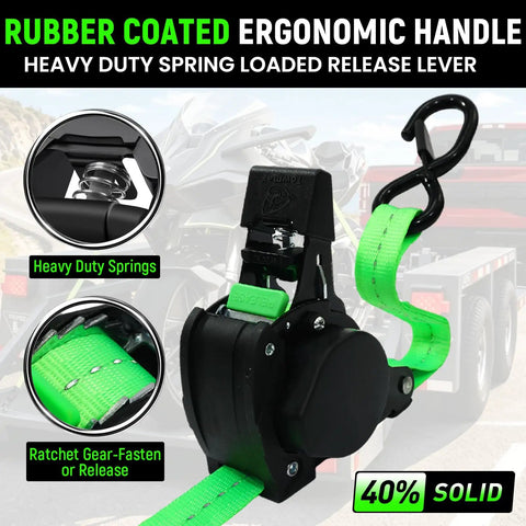 Retractable Ratchet Straps Featuring Control Pull Back System Heavy Duty Self Retracting Cargo Ties For Trucks with ergonomic handle and release lever.