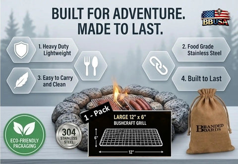 Portable Bushcraft Stainless Steel 304 BBQ Grill Grate With Burlap Hemp Drawstring Bag Large 6x12 Inch Outdoor Camp Cooking Gear