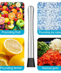 10 Inch Cocktail Muddler Set With 2 Stainless Steel Muddlers and 2 long handle mixing spoons next to fruit and ice for mojitos