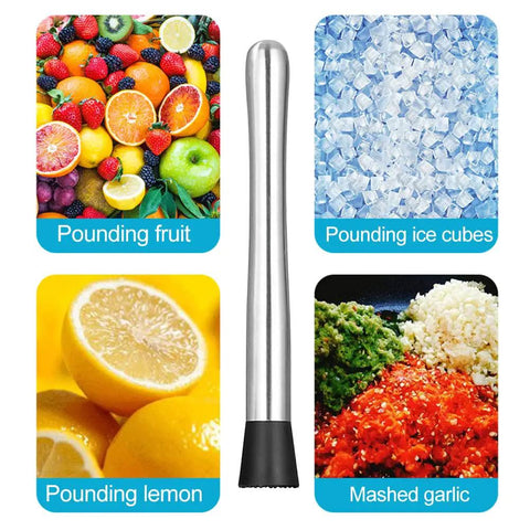 10 Inch Cocktail Muddler Set With 2 Stainless Steel Muddlers and 2 long handle mixing spoons next to fruit and ice for mojitos