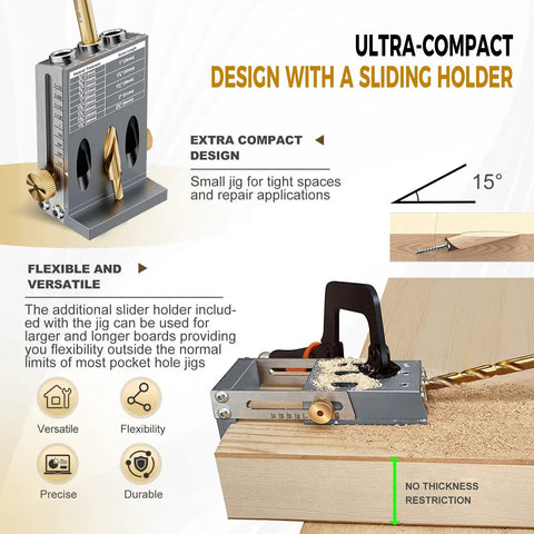 Badass Rigid All Steel Pocket Hole Jig Kit With Quick Release Toggle Clamp Heavy Duty CNC Machined Frame Zero Flex Woodworking Joinery Setup Today, compact design with drilling guide.